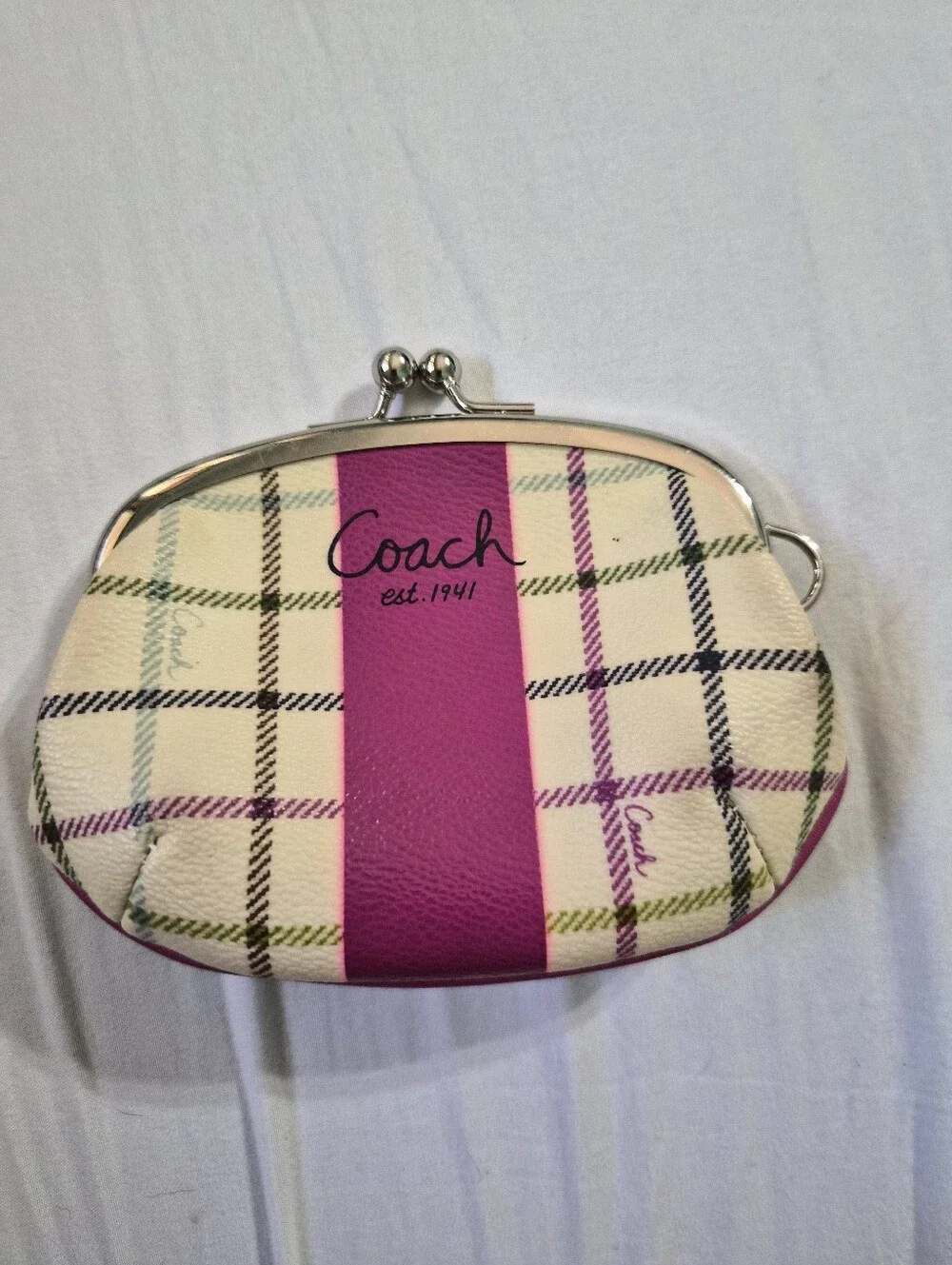 Coach Pink Plaid Kiss-Lock Coin Purse